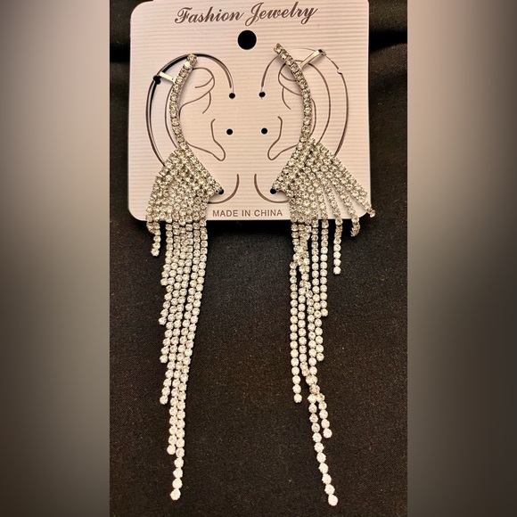 Silver Sparkling Crystal Rhinestone Runway Model Princess Dangle Earrings Cuffs - Picture 3 of 11